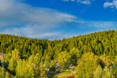 A small village on a hill with a pine forest and yellow birch trees in autumn on blue sky background