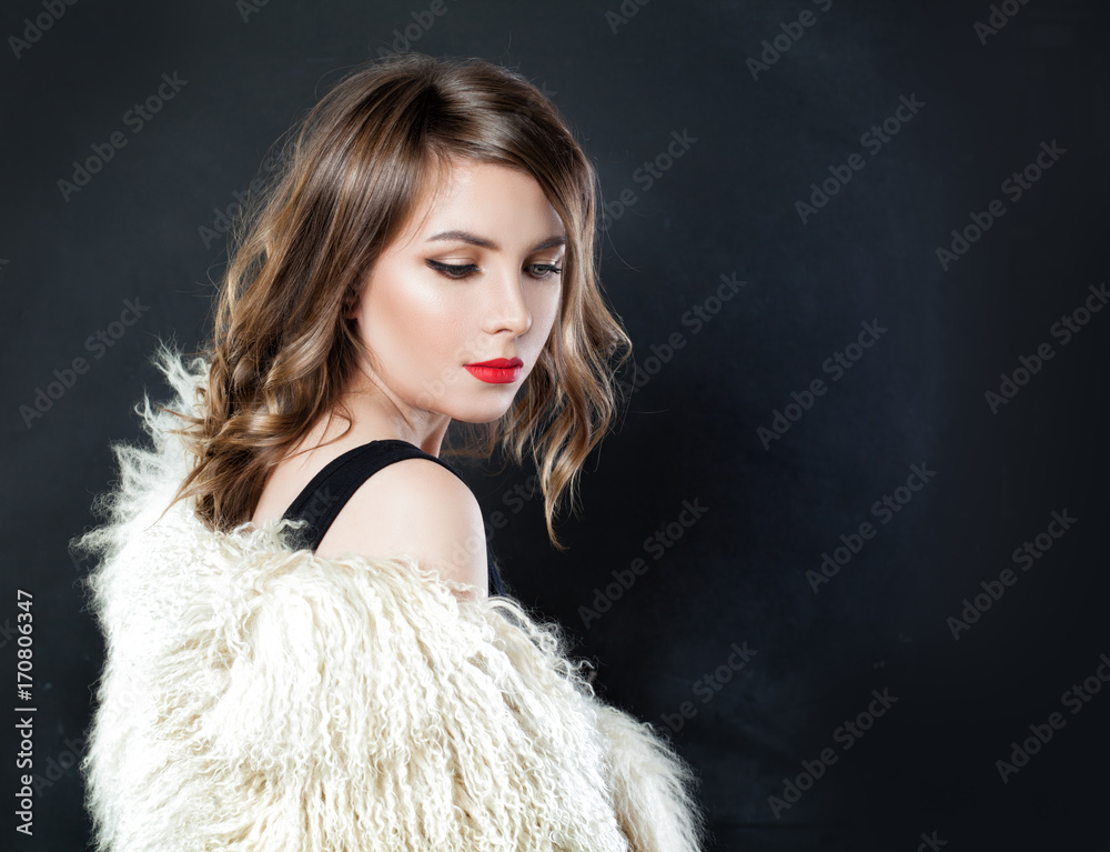 Perfect Fashion Model with Curly Bob Hairstyle on Black Background Perfect Fashion Model with Curly Bob Hairstyle on Black Background