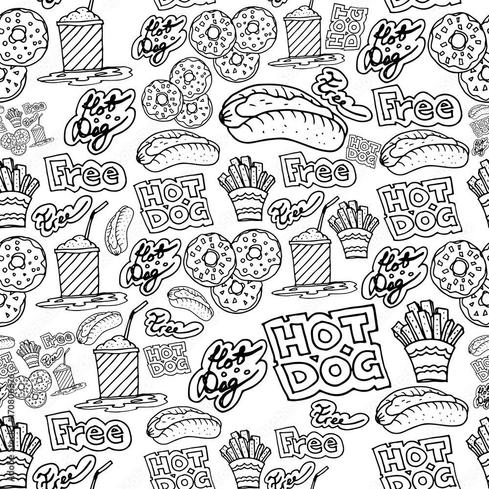 Hand drawing fast food doodles vector pattern Hand drawing fast food doodles vector pattern