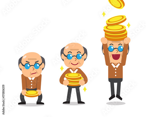 Cartoon senior man with money coins
