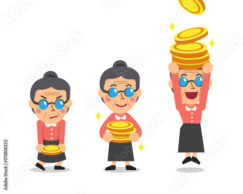 Cartoon senior woman with money coins