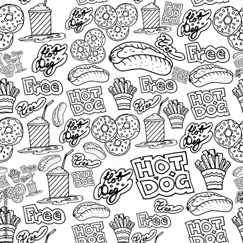 Hand drawing fast food doodles vector pattern