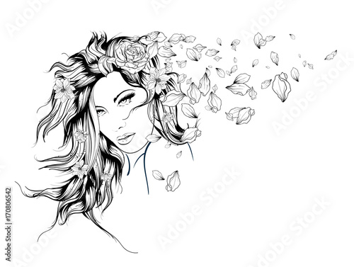 Sketch. Summer Style. Girl with flowers in her hair