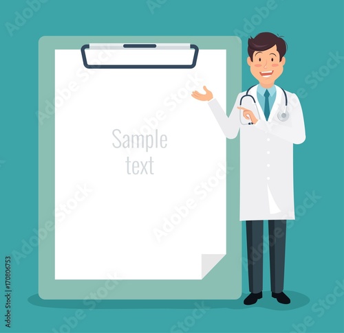Full length of doctor pointing at empty  medical clipboard. Vector illustration