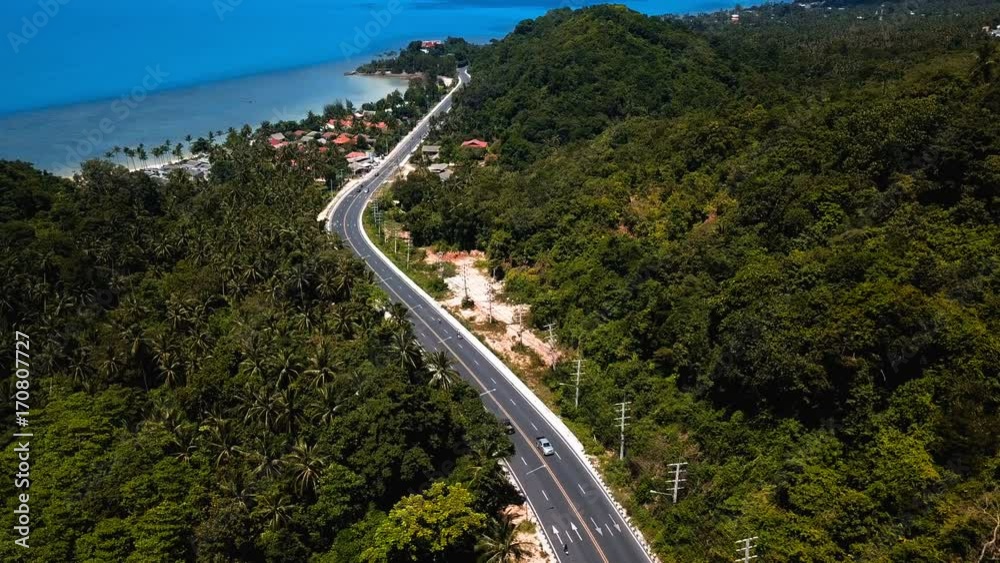 Transport Moving on Street along Beach. Aerial View Transport Moving on Street along Beach. Aerial View