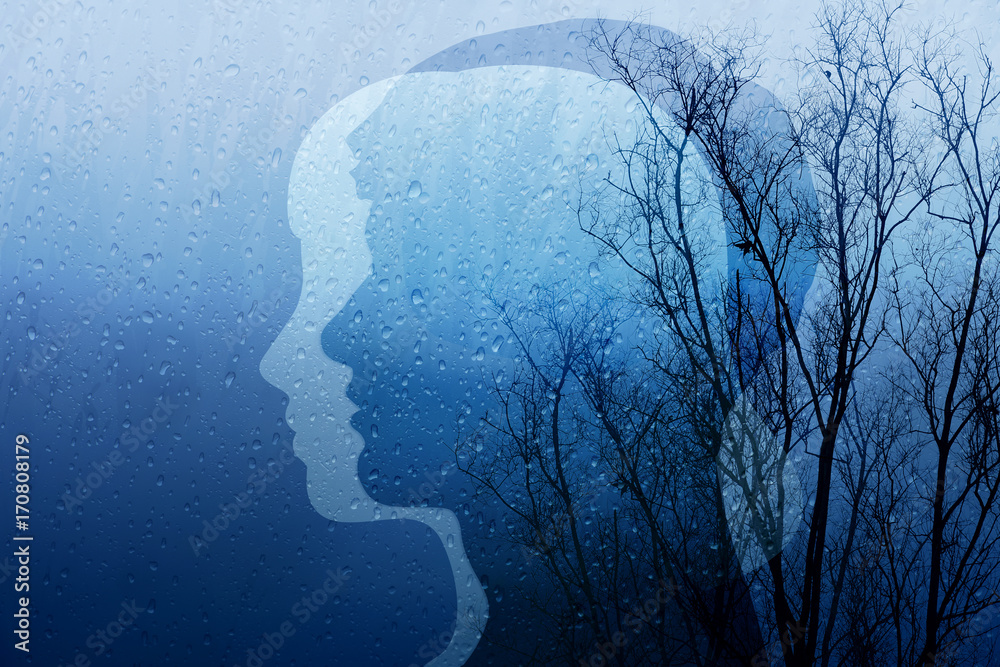 Sadness in Life Concept, Present by Silhouette Shape of Man and Woman combinated with Old Dry Tree and Rain, Blue Filter Effect - obrazy, fototapety, plakaty 