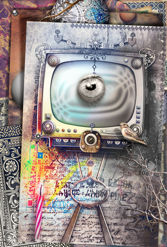 Big brother. Graffiti e collage con televisore fantascientifico e steampunk