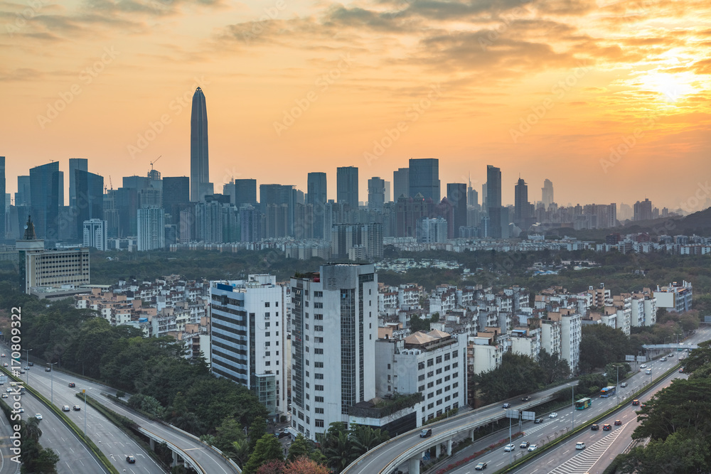 panoramic view of cityscape,midtown skyline at sunset ,shot in Shenzhen,China .