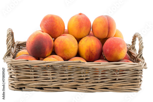 Basket full of fresh peaches isolated on white background.
