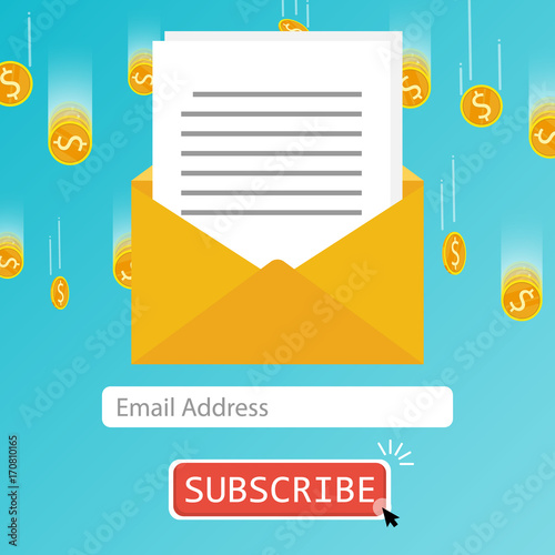 Email subscribe button coin falling flat vector
