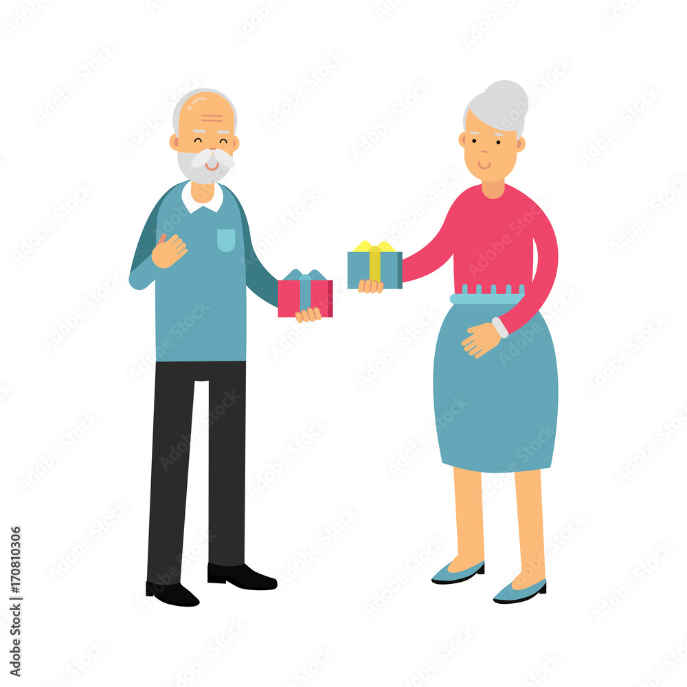 Senior man and beautiful senior woman giving gifts to each other colorful characters vector Illustration