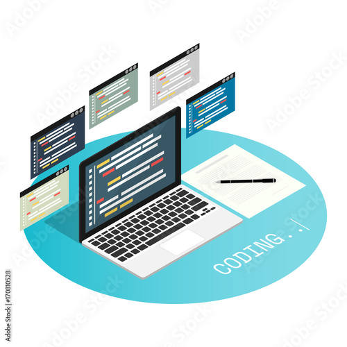 programmer coding binary computer isometric flat vector