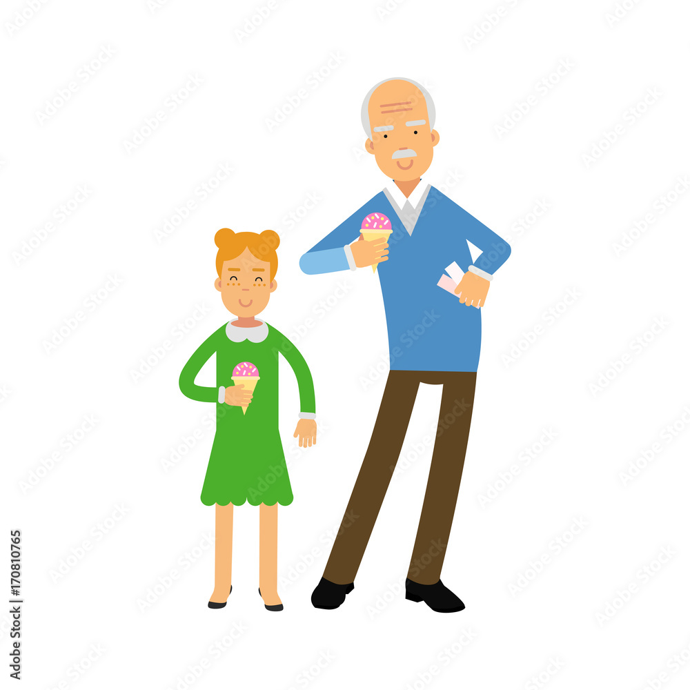 Grandfather and granddaughter characters eating ice cream together colorful vector Illustration