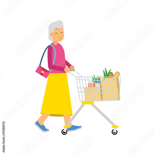Senior woman character walking with shopping cart colorful vector Illustration