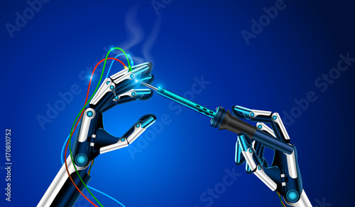 the robot repairs itself. The robot arm close-up. The robot holds in a hand a soldering iron and solder the faulty contacts on the finger. Future concept illustration. VECTOR