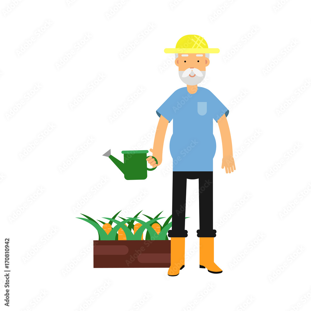 Active senior man character with watering can care for plants colorful vector Illustration