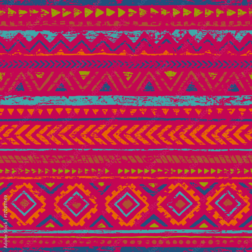 Vintage seamless geometric pattern. Ethnic and tribal motifs. Horizontal lines. Grunge texture, scratches. Pink, blue, orange and green colors.