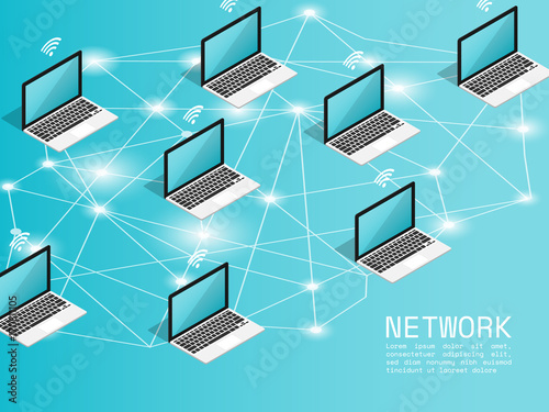 isometric computer wireless network connect flat vector