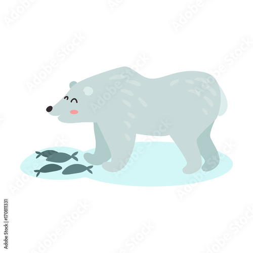 Polar bear catching fish colorful vector Illustration