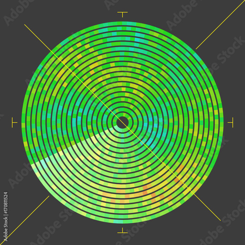 Modern decorative technical vector illustration. Visual thermal navigation system. Colorful round heatmap. Image of working radar. Vivid scientific background. Element of design.