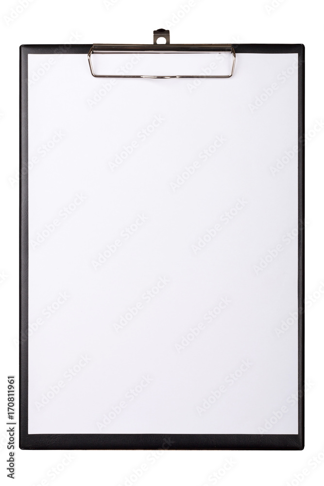 White paper on clipboard on white background White paper on clipboard on white background