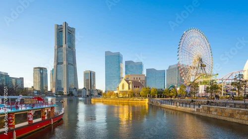 Timelapse of Yokohama city skyline in Japan, 4k time lapse photo