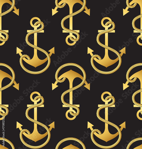 Gold anchor a black background. Seamless pattern. Vector illustration.