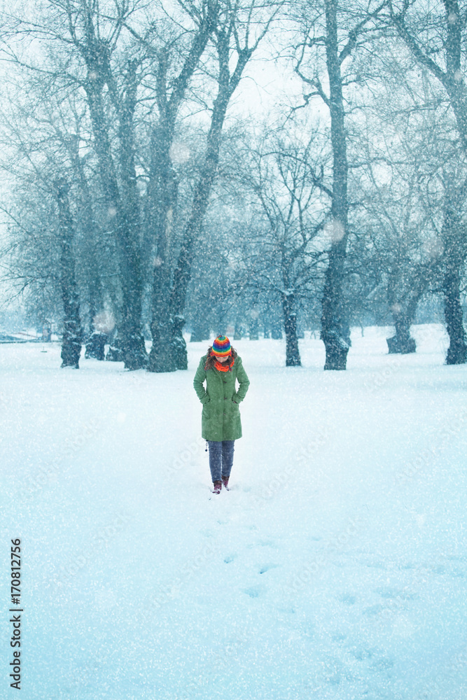 Fototapeta premium Young woman enjoys the walk in a snow in nature. Winter concept