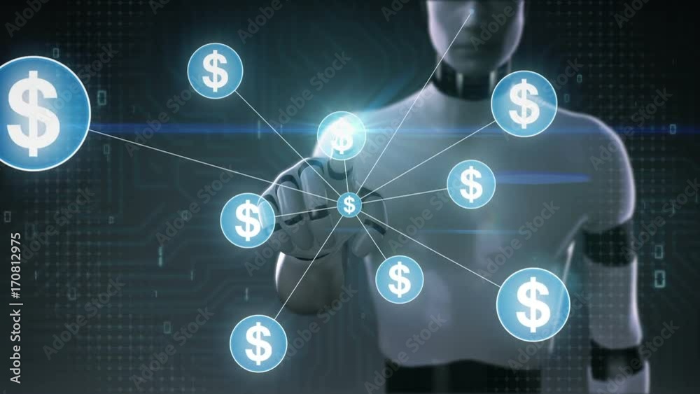 Robot, cyborg touching Dollar symbol, Numerous dots gather to create a Dollar currency sign, dots makes global world map, internet of things. financial technology 2. Robot, cyborg touching Dollar symbol, Numerous dots gather to create a Dollar currency sign, dots makes global world map, internet of things. financial technology 2.