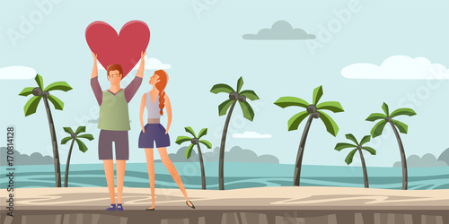 Young couple in love. Man and woman on a romantic date on a tropical beach with palm trees. A man holding a heart. Vector illustration.