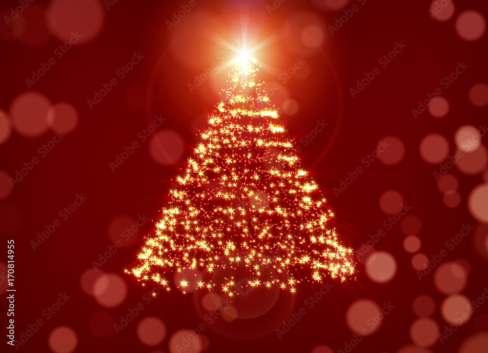 Glowing Christmas Tree Over Red Holiday Background Glowing Christmas Tree Over Red Holiday Background
