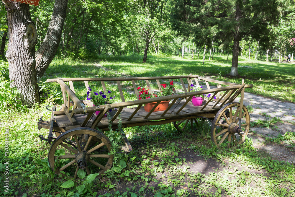 Picturesque old wooden cart with flowers