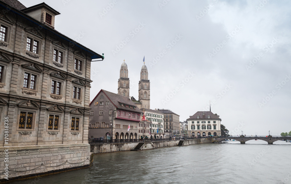 Cityscape of Zurich city with Grossmunster church
