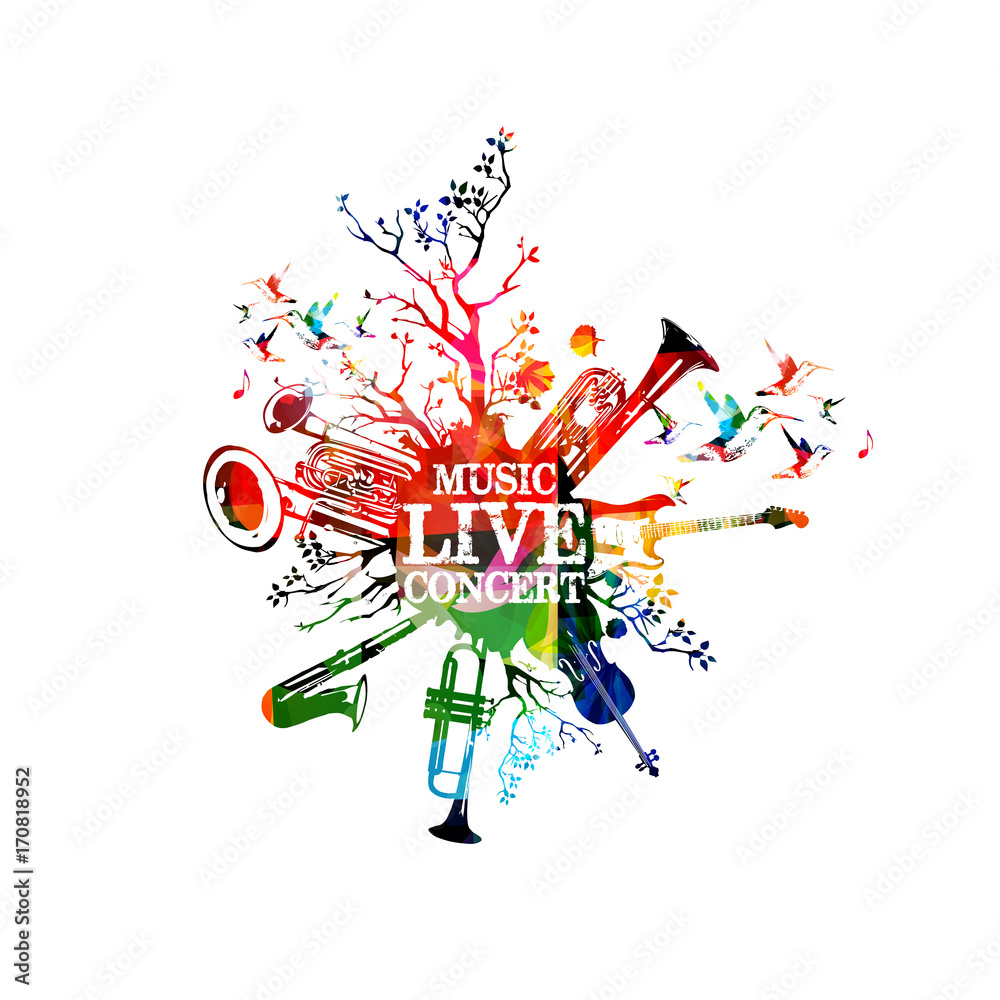 Obraz premium Live music concert colorful banner with instruments. Live music concert words with saxophone, trumpet, violoncello, guitar, euphonium and double bell euphonium isolated vector illustration