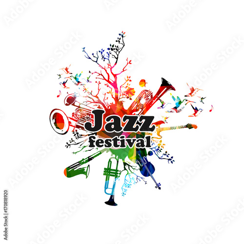 Jazz music festival colorful banner with instruments. Jazz festival words with saxophone, trumpet, violoncello, guitar, euphonium and double bell euphonium isolated vector illustration