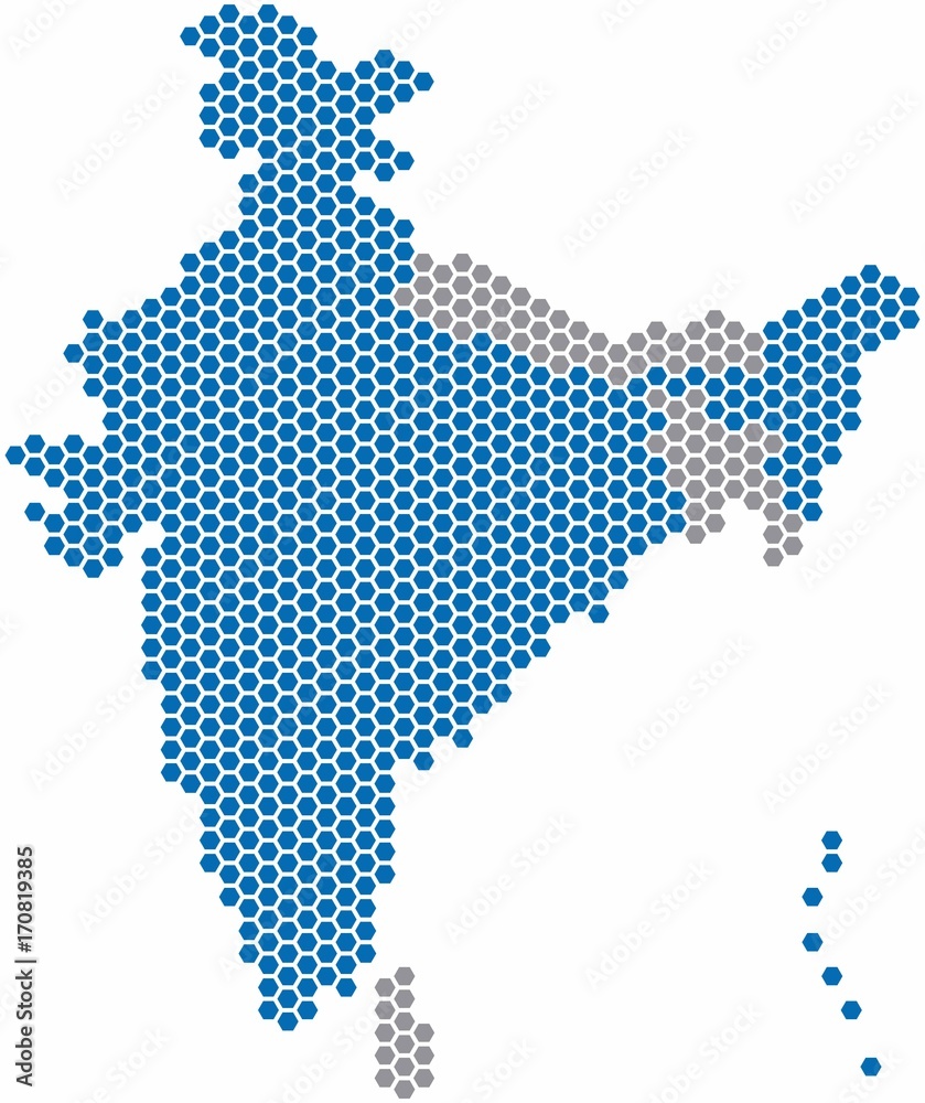 Blue hexagon shape India map on white background. Vector illustration.
