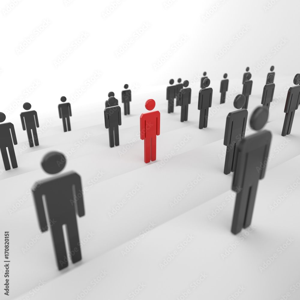Leadership concept, red man among blacks. 3D Rendering. Leadership concept, red man among blacks. 3D Rendering.