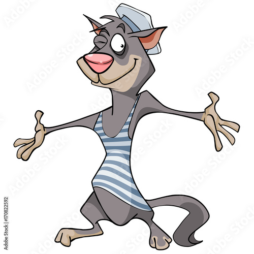 cartoon joyful cat in a vest and cap