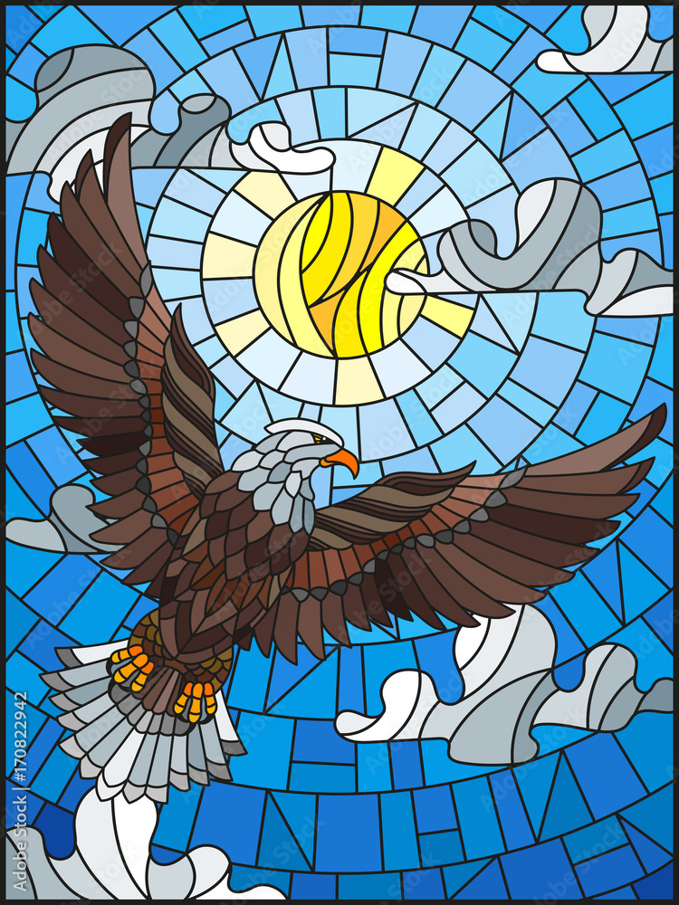 Naklejka premium Illustration in stained glass style eagle on the background of sky, sun and clouds