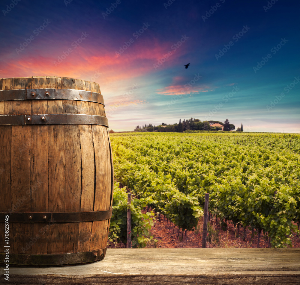 Red wine with barrel on vineyard in green Tuscany, Italy Red wine with barrel on vineyard in green Tuscany, Italy