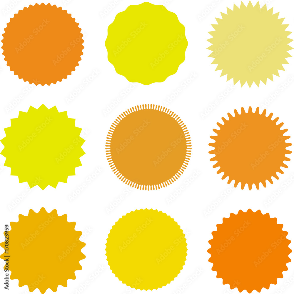Set of vector starburst, sunburst badges. Different shades of yellow,orange.