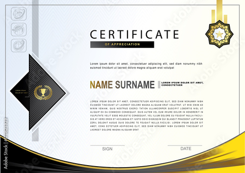 Gold black luxury business certificate with gold emblem. Autumn colors