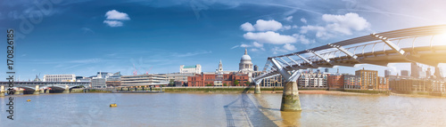 London, panorama of St. Paul's cathedral and Millenium bridge