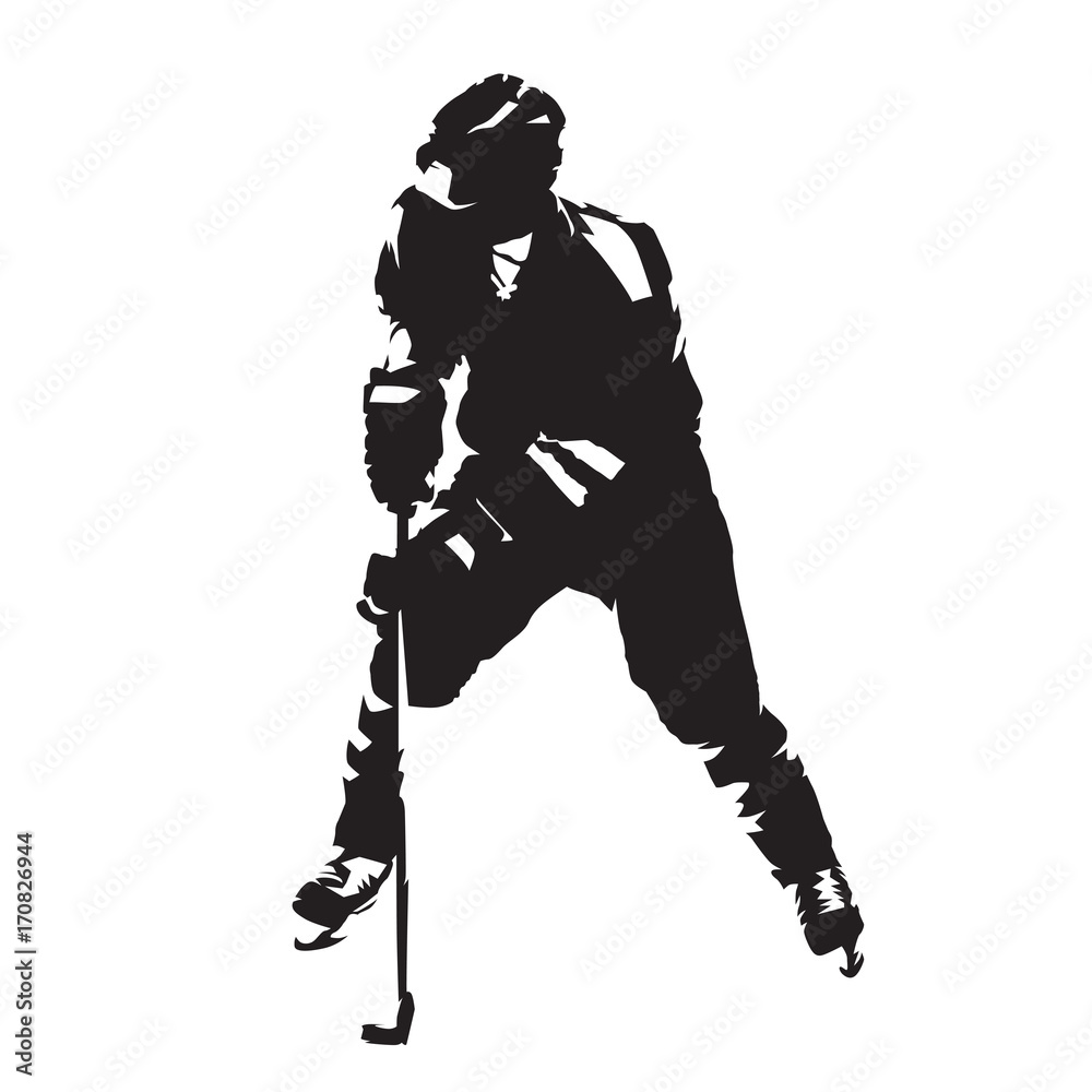 Naklejka premium Ice hockey player skating with puck, abstract vector silhouette. Front view