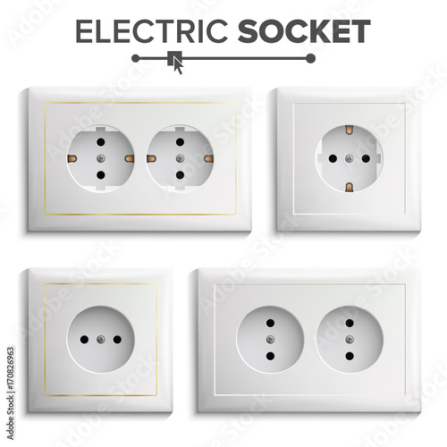 Socket Isolated Set Vector. White Double Grounded Power Switch. Plastic Panel. Electrical Outlet. Realistic Illustration