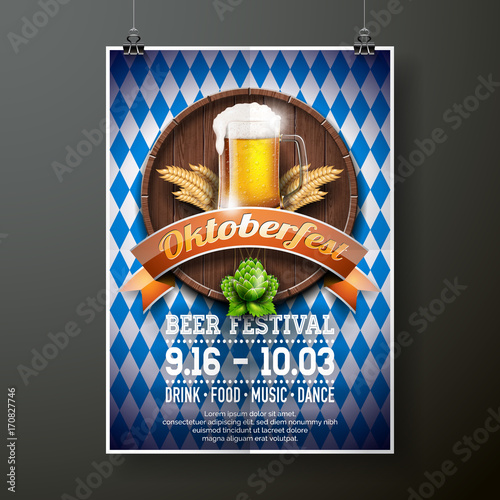 Oktoberfest poster vector illustration with fresh lager beer on blue white flag background. Celebration flyer template for traditional German beer festival.