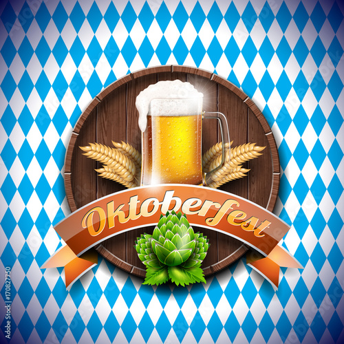 Oktoberfest vector illustration with fresh lager beer on blue white background. Celebration banner for traditional German beer festival.