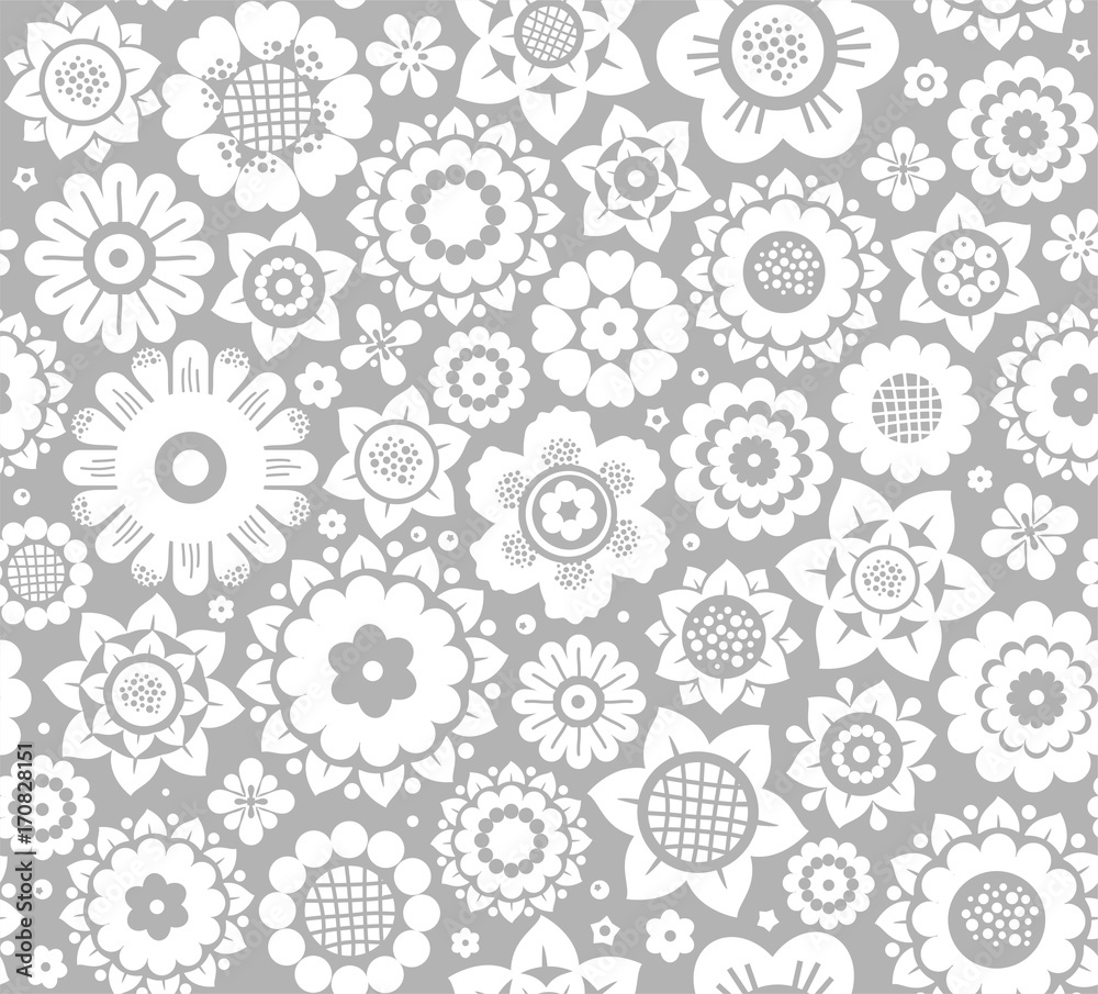 Flowers, background, seamless, white and gray vector. White decorative flowers on a gray background. Floral seamless background. 