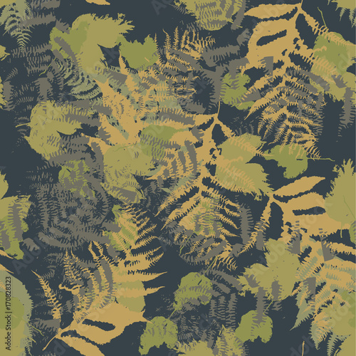 Seamless vector pattern with fern and autumn leaves. Background in a camouflage style