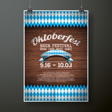 Oktoberfest poster vector illustration with flag on wood texture background. Celebration flyer template for traditional German beer festival.